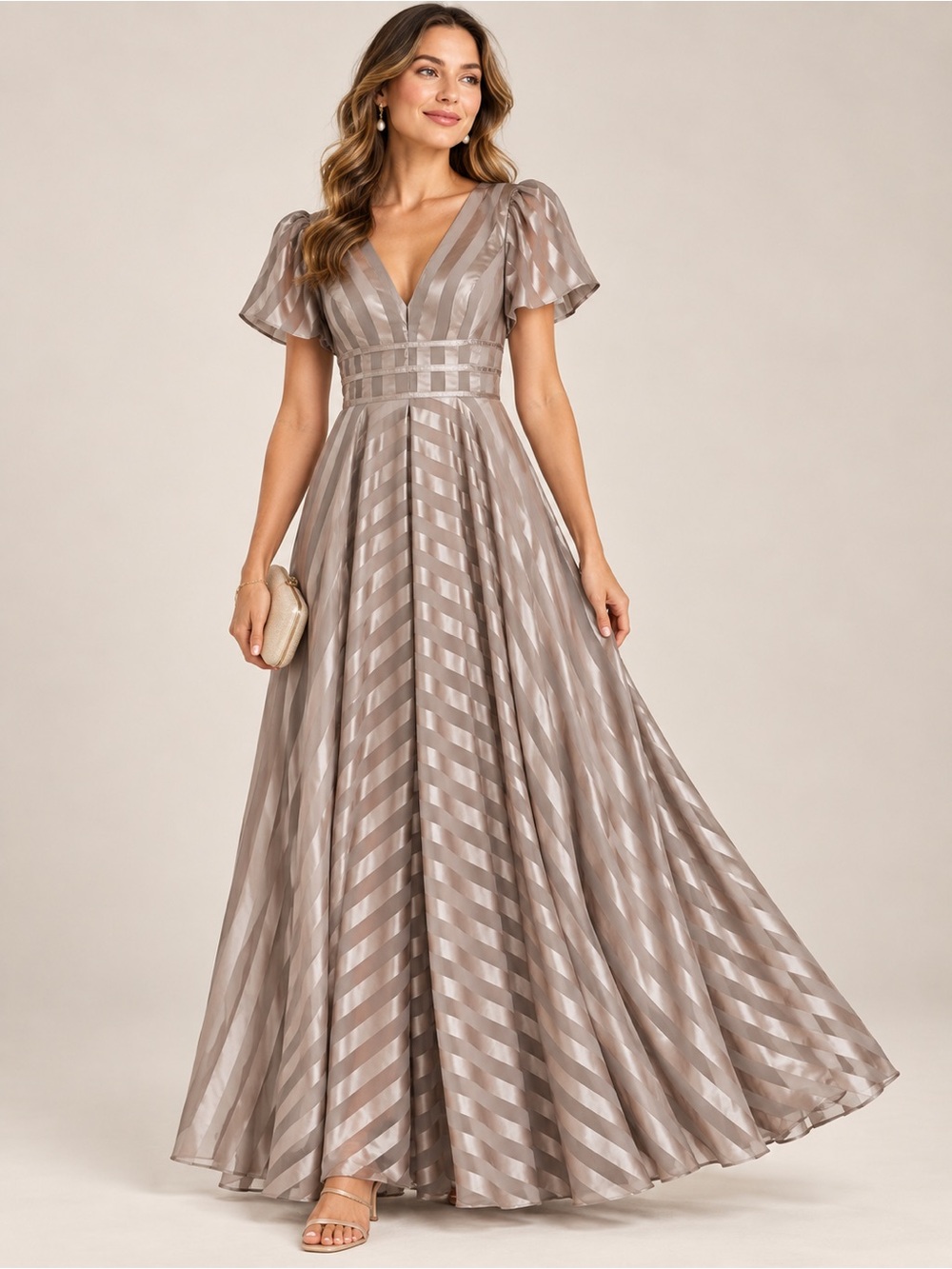 bohme Taupe Striped V-Neck Maxi Dress